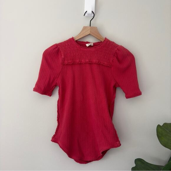 Free People We the Free Smocked Neck Short Sleeve Top Textured Knit Raw Hem EUC - Picture 1 of 12